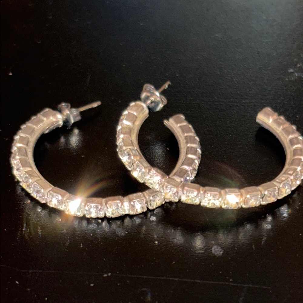 Vintage silver rhinestone hoop earrings